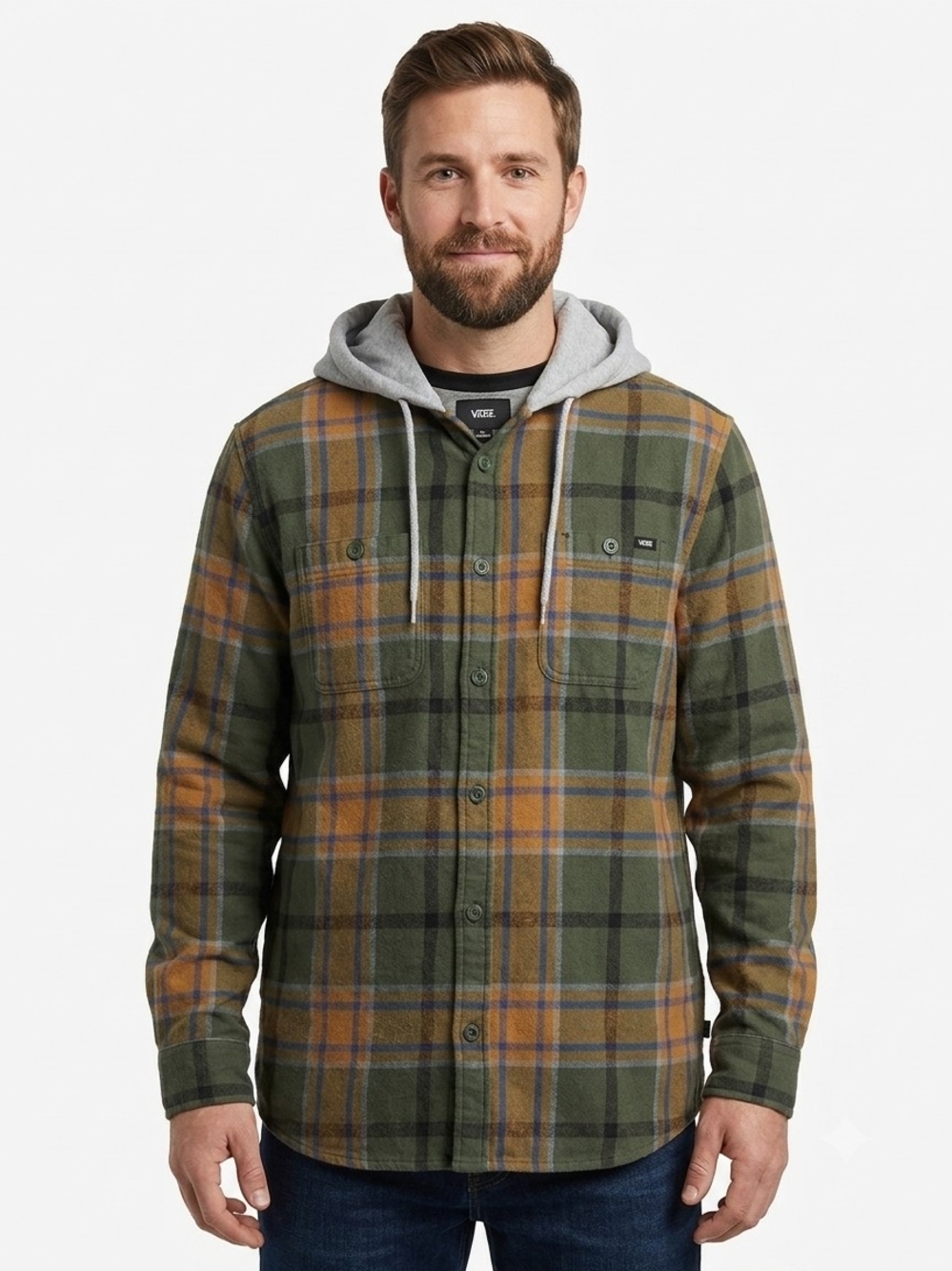 Vans Parkway II Hooded Flannel Shirt Jacket Shacket Plaid Green Mustard